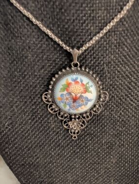 Blue Floral Porcelain Pendant Necklace with Multicolor Motif